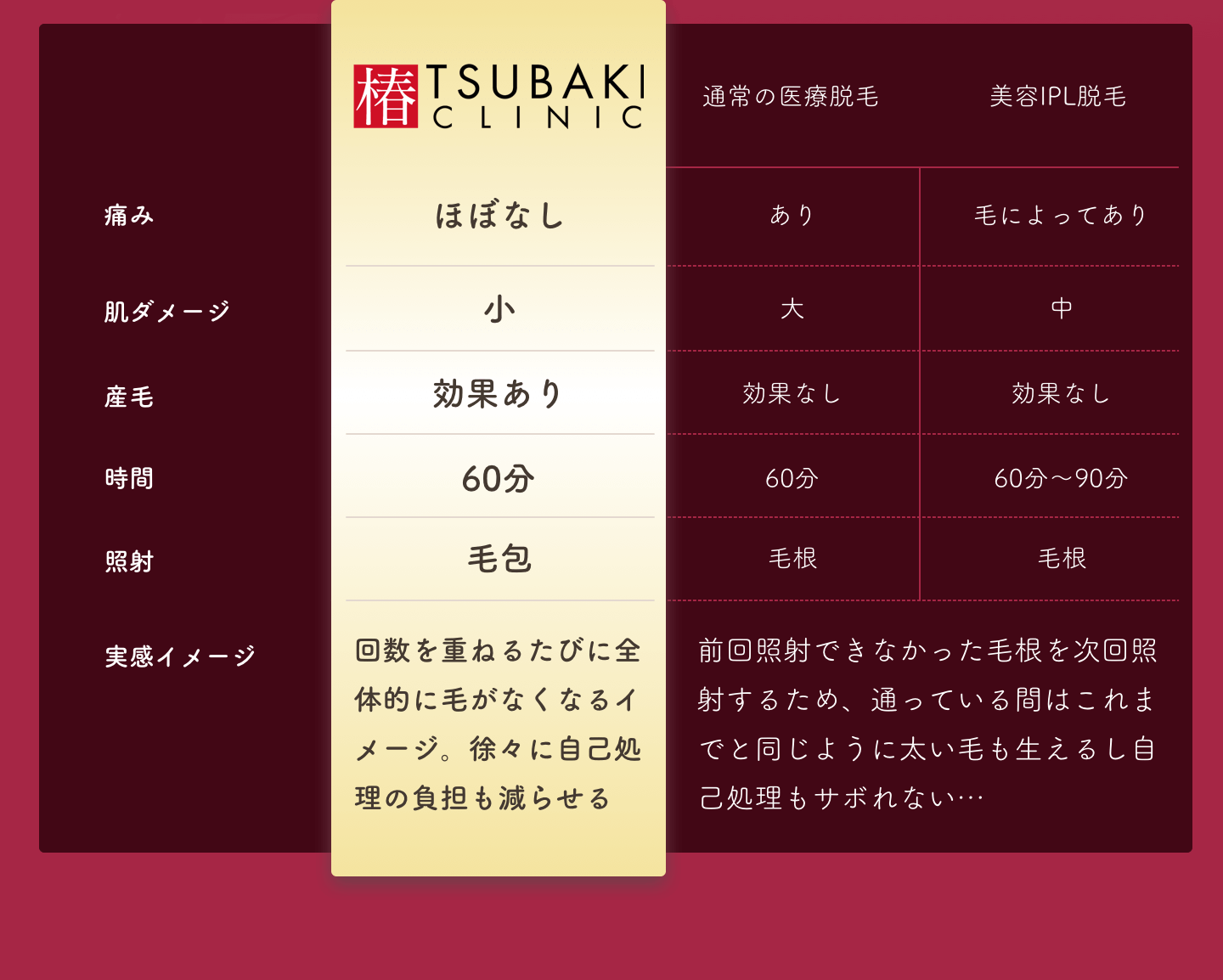 椿クリニック｜痛み：ほぼなし｜肌ダメージ：小｜産毛：効果あり｜時間：60分｜照射：毛包｜実感イメージ：回数を重ねるたびに全体的に毛がなくなるイメージ。徐々に自己処理の負担も減らせる