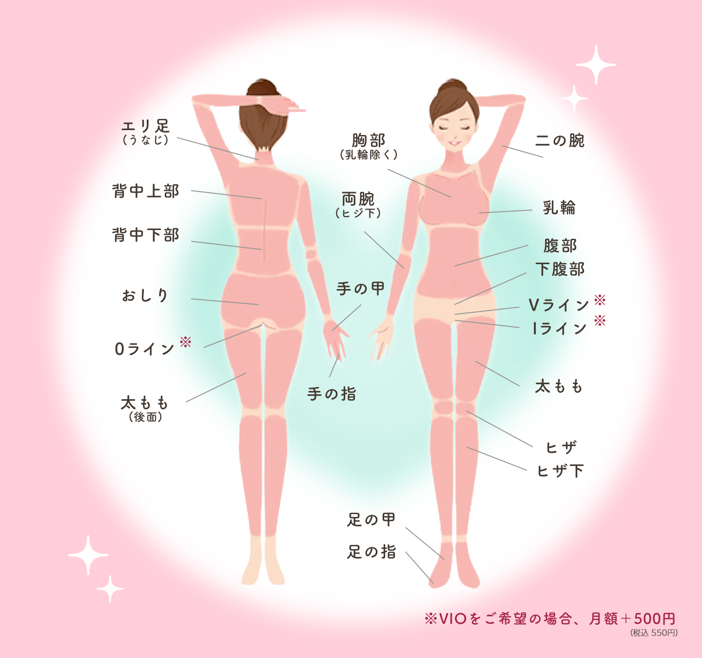 襟足、背中上部、背中下部、おしり、Vライン、Iライン、Oライン、太もも、太もも（後面）、二の腕、胸部（乳輪覗く）、乳輪、両腕（肘下）、腹部、下腹部、膝、膝下、足の甲、足の指、手の甲、手の指｜※VIOをご希望の場合、月額＋500円