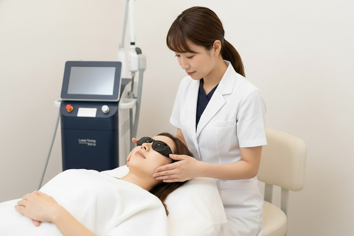 クリニックでレーザー治療を受ける前の準備段階の様子で人物の奥にはレーザー治療の機器がおかれている。施術を受ける女性の目元には遮光メガネがかけられベッドに仰向けになっており、その頭元でクリニックの看護師が女性の頬を触りながらレーザーを照射するための準備を行っている。