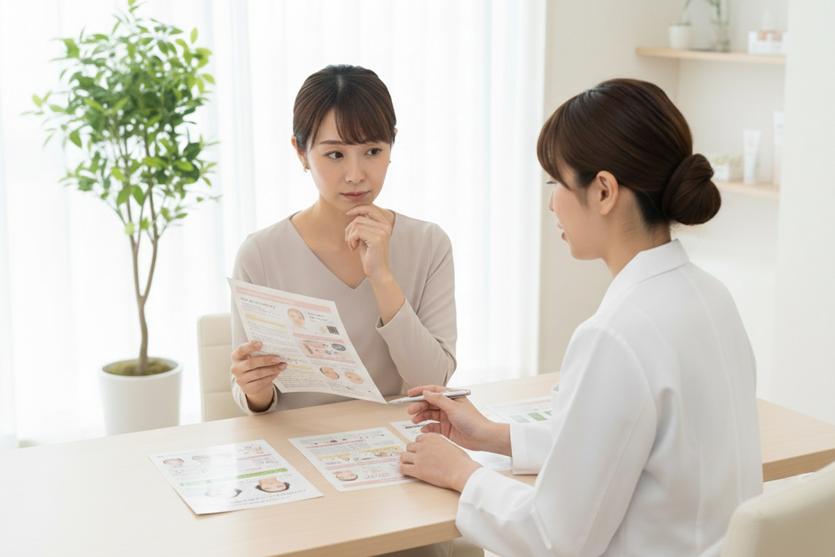 明るい室内でテーブルをはさんで座っている二人の女性。一人はパンフレットを手にし、向かい合っている白衣を着た女医に相談している様子。