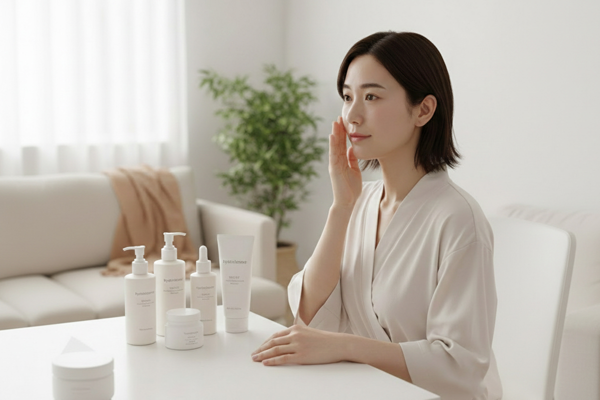 白を基調とした明るい室内で、椅子に座る女性がテーブルに並べられた保湿剤を使用して肌のケアを行っているシーン。