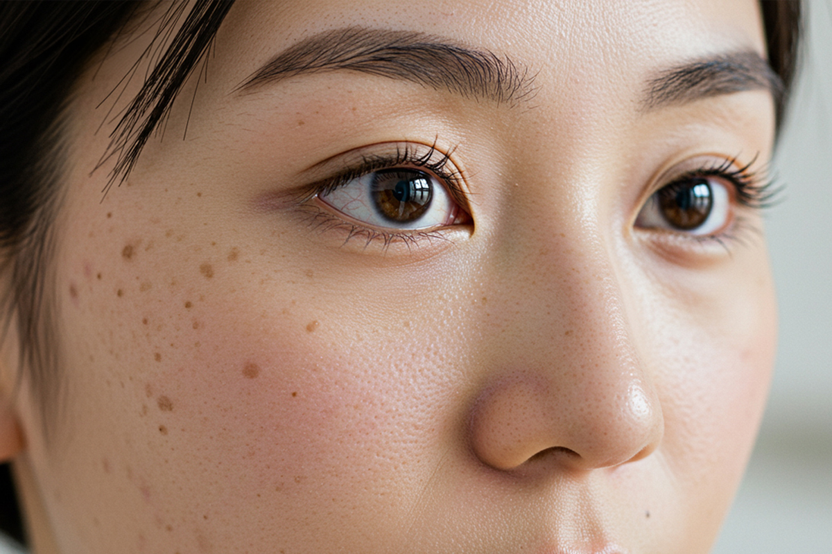 こめかみから頬にかけて複数のシミができている女性の右斜め前からの顔のアップ。女性は凛々しい表情。