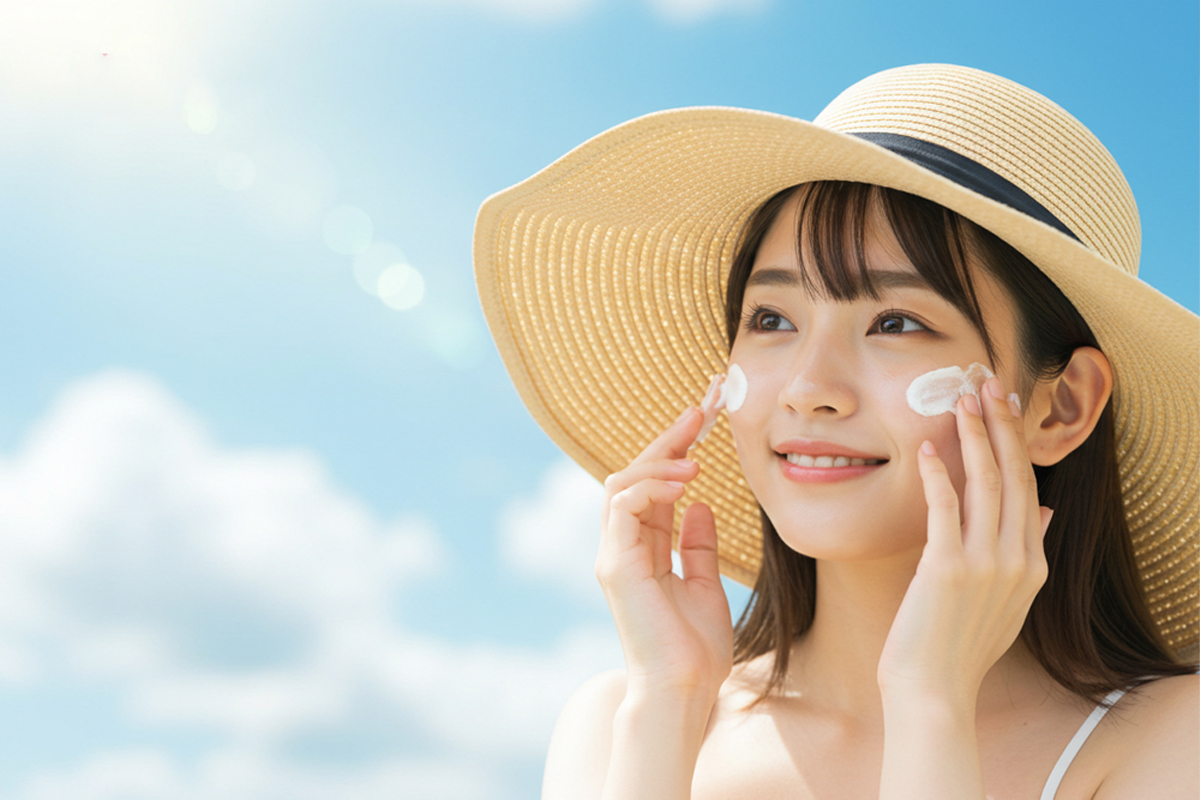 麦わら帽子をかぶって両頬に日焼け止めを塗っている女性。キャミソールを直用して強い日差しの下で微笑んでいる。背景には青空が見える。