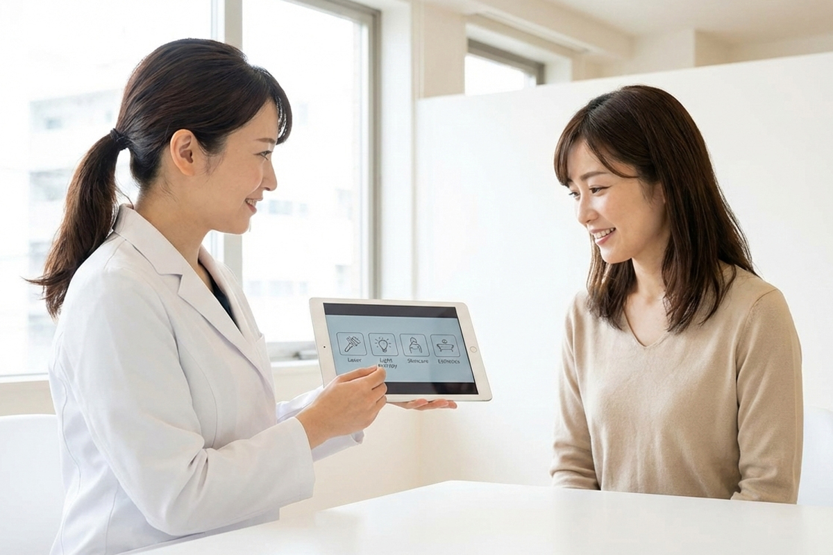 明るいクリニックのカウンセリングルームで女医と女性が対角に座っている。女医は手元のタブレットで女性に治療の提案をしている。お互いに笑顔で治療の相談をしている様子。