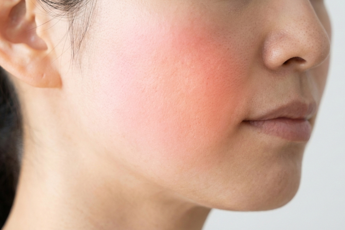頬に赤みのある女性の横顔のアップ。施術による肌の反応やリスクなどを示唆している画像。