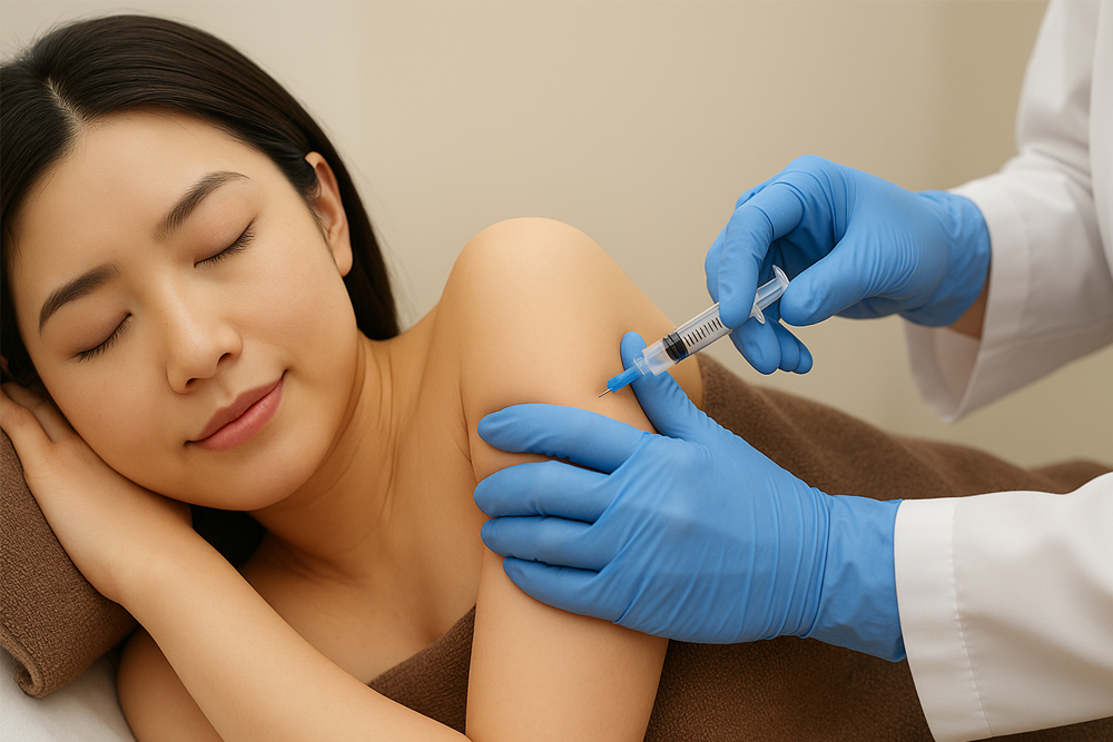 ベッドに横向きで横たわり、目を閉じてリラックスしている女性の二の腕に、医師が青い手袋をはめて注射をしている様子。女性は落ち着いた表情で、施術が静かに行われている雰囲気が伝わる。