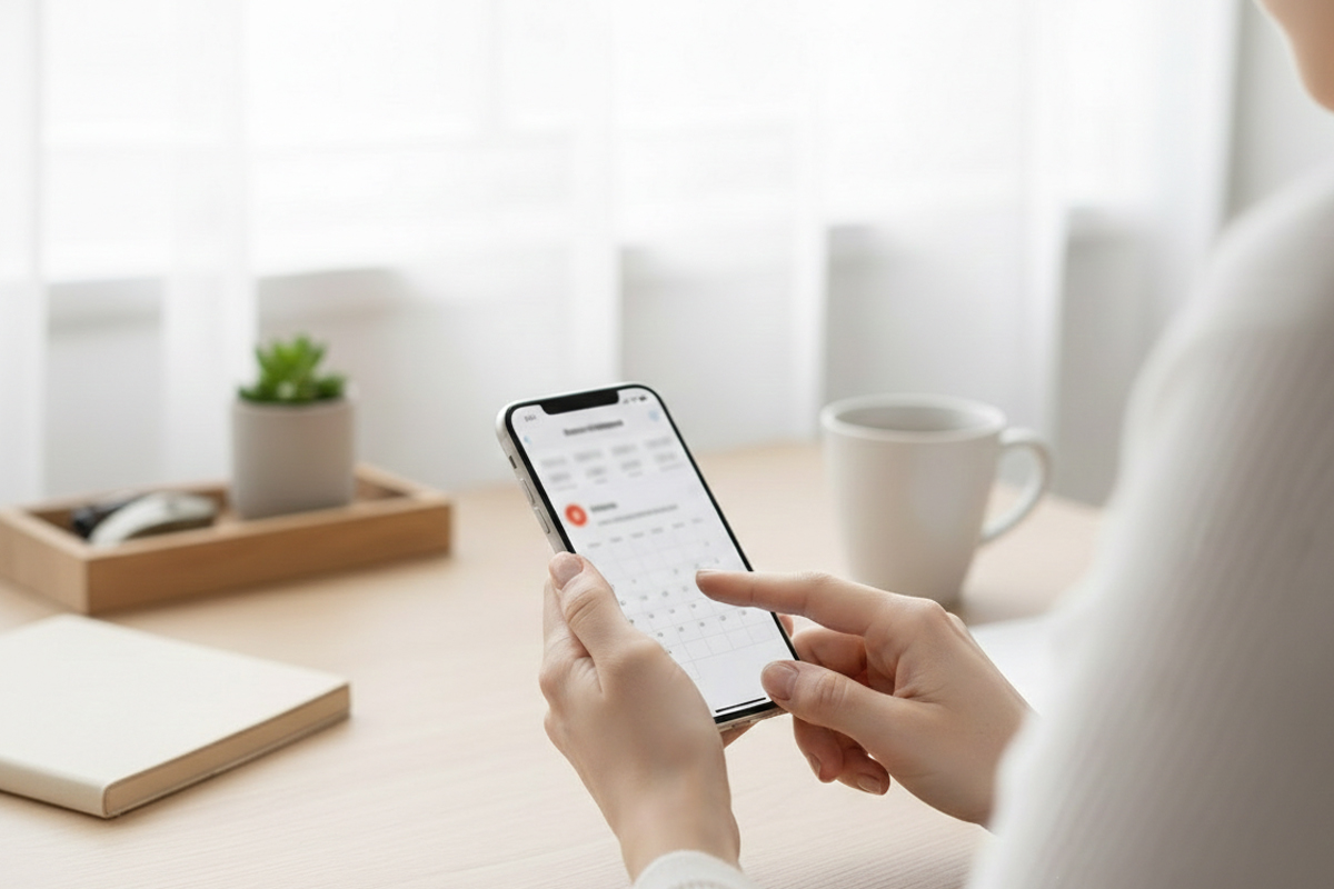 スマートフォンでカレンダーを確認している女性の手元。テーブルには手帳やマグカップが置かれており、目の前の窓から光が差し込んでいる。