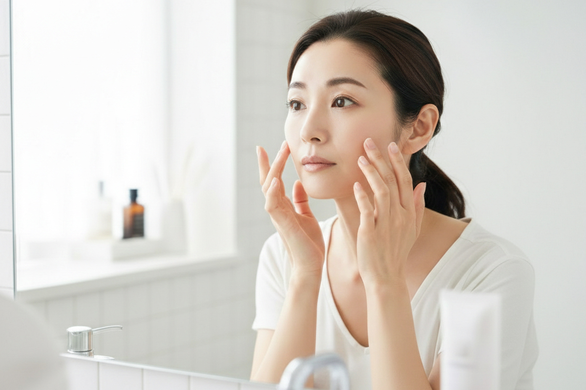 明るい自宅の洗面所の鏡を見ながら肌に触れている女性。鏡に映る窓際にはスキンケア用品が並んでいる。