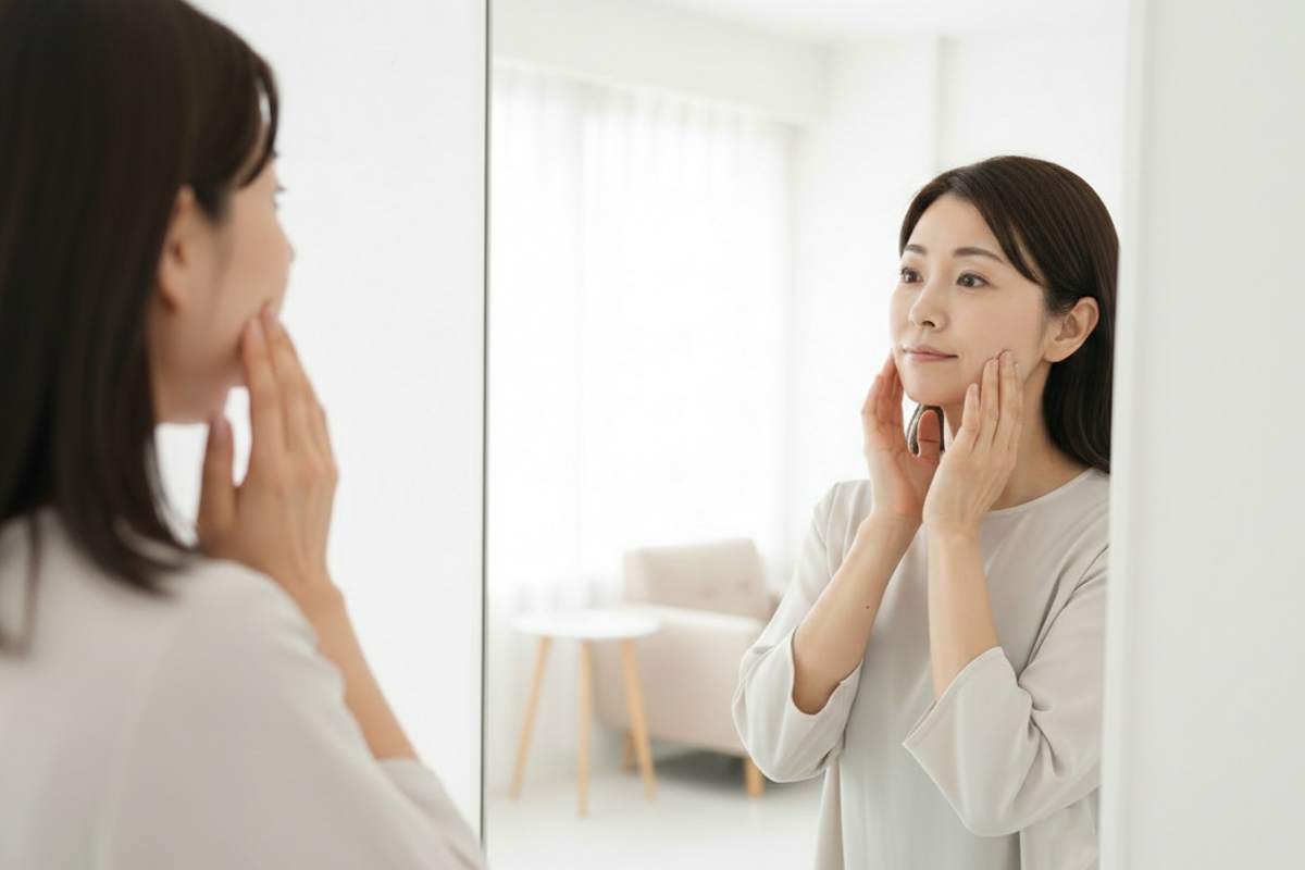 明るい自宅の鏡の前で、自分の頬に触れ状態を確認している落ち着いた色の服を着た女性。