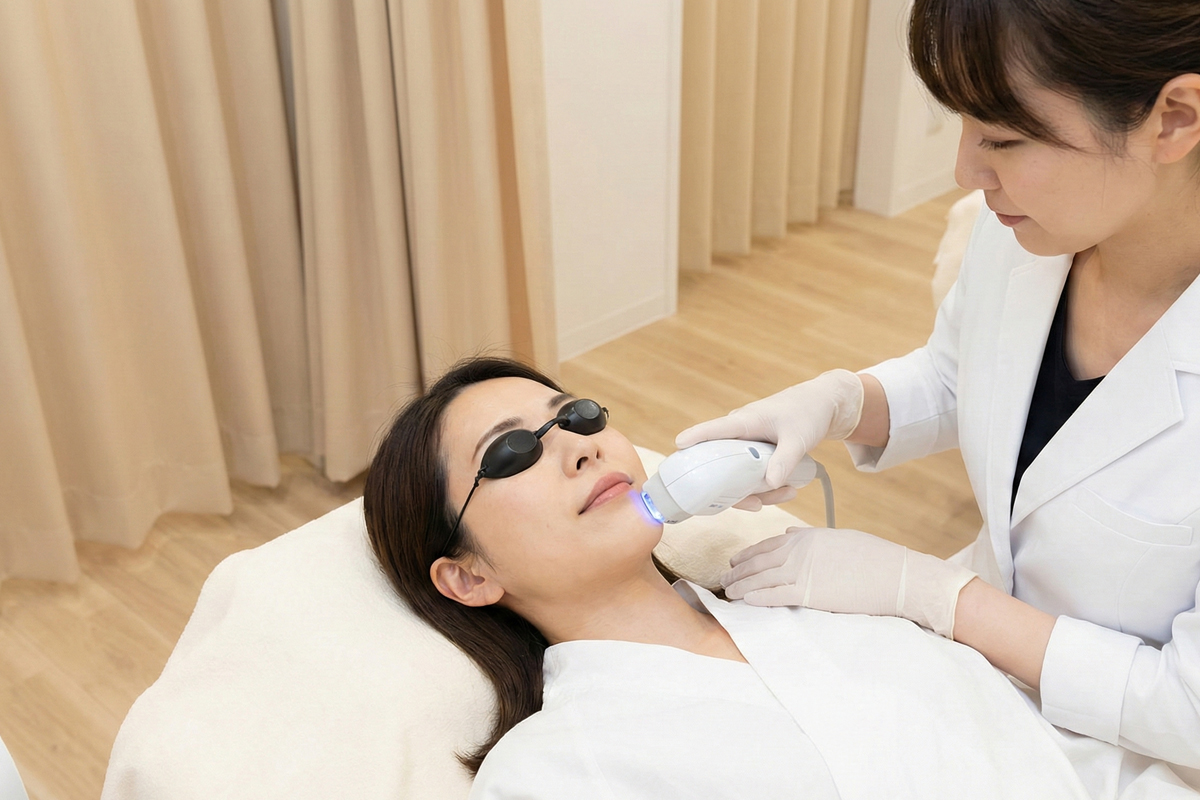 清潔な美容クリニックの一室でベッドに横になり女性医師から医療ハイフの施術を受けている女性。その目元は保護のゴーグルで覆われている