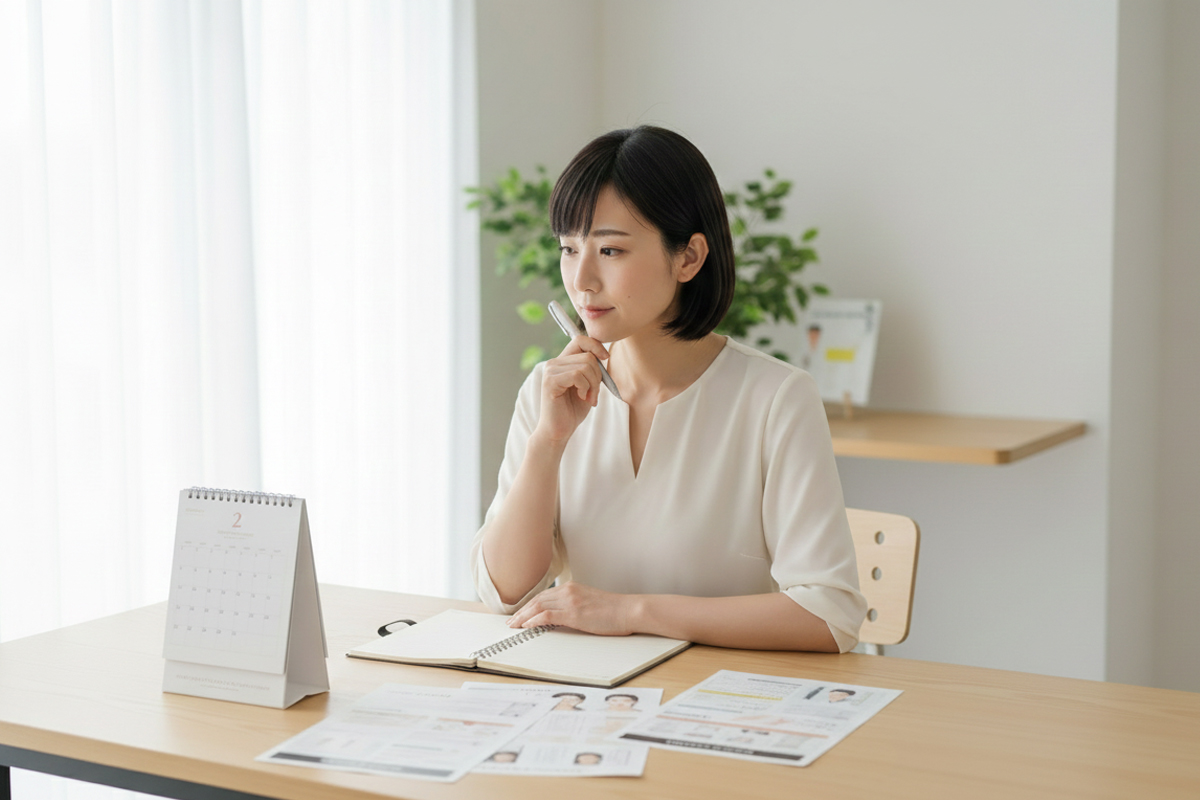 明るい自宅のリビングの椅子に座り、目の前のテーブルの上に置かれたスケジュール帳やカレンダー、クリニックのパンフレットを見ながら、次の施術の予定を立てている女性