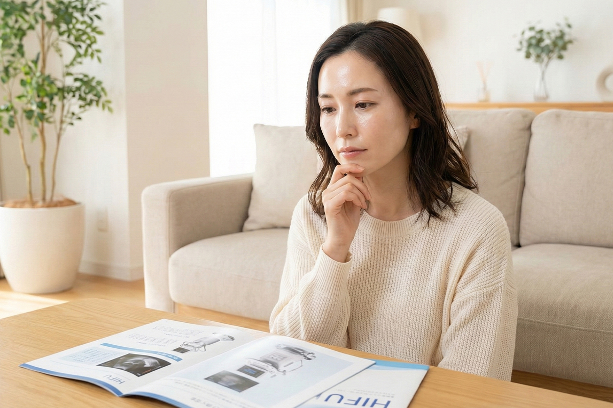 自宅のリビングの床に座り、目の前にあるテーブルに医療ハイフのパンフレットを並べて施術を受けるクリニックを選定している女性