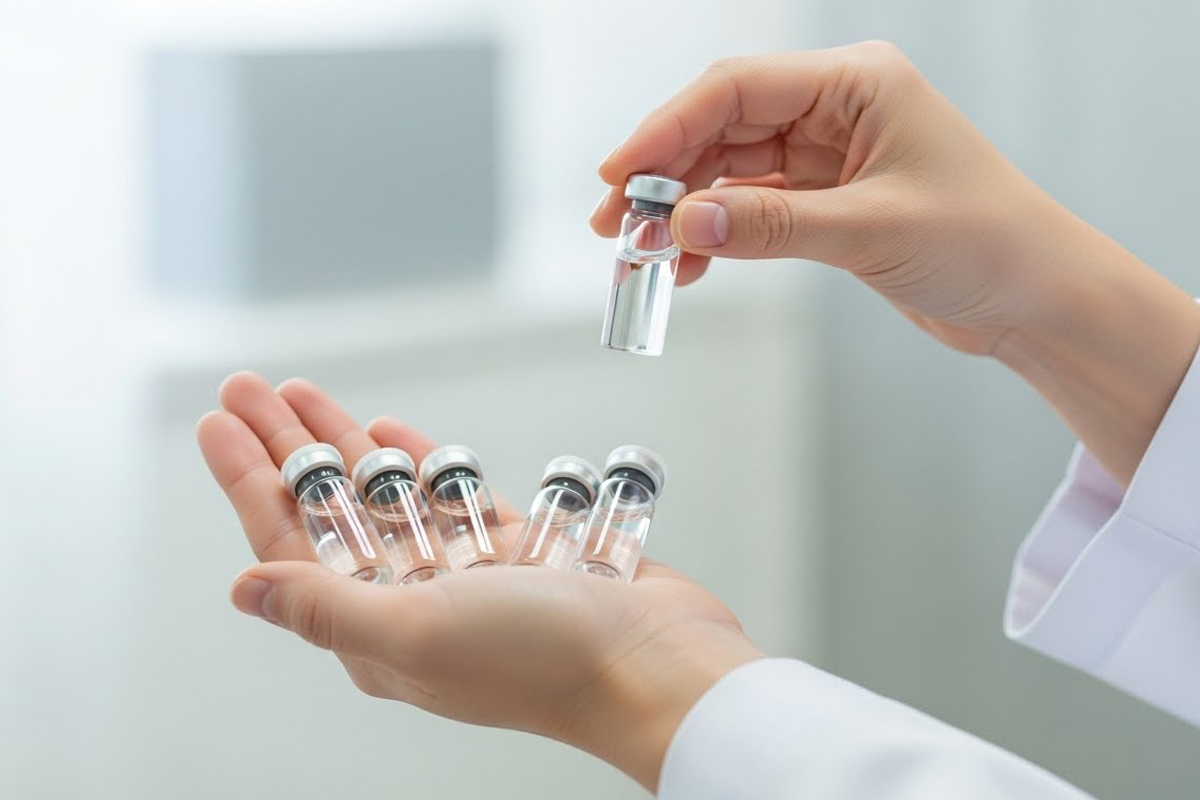 医療スタッフの手元のアップで、片手のひらに小さな薬剤ボトル（バイアル）を複数本のせ、もう片方の手で1本をつまんで見せています。施術に使う薬剤を準備している様子です。