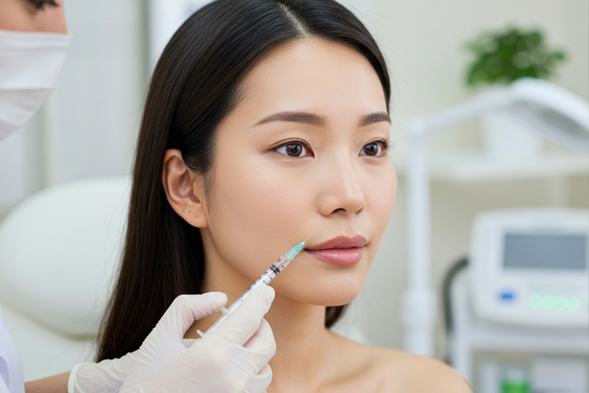 クリニックの一室でほうれい線の治療を受けている女性と、注射器を持ち女性に注射を行っている手袋をした施術者の手元のアップ。奥には美容医療機器が見えている。