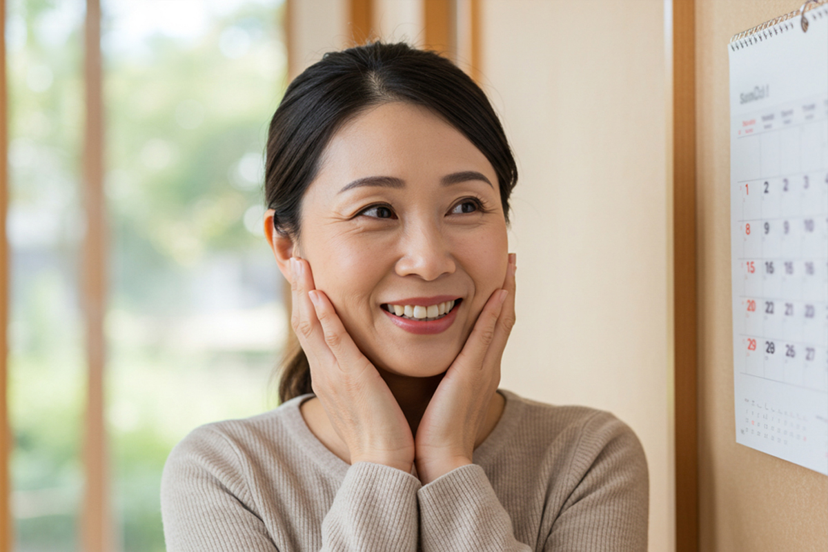 明るい自宅で両手を頬に添えて嬉しそうに壁にかけてあるカレンダーを眺める40代の女性。