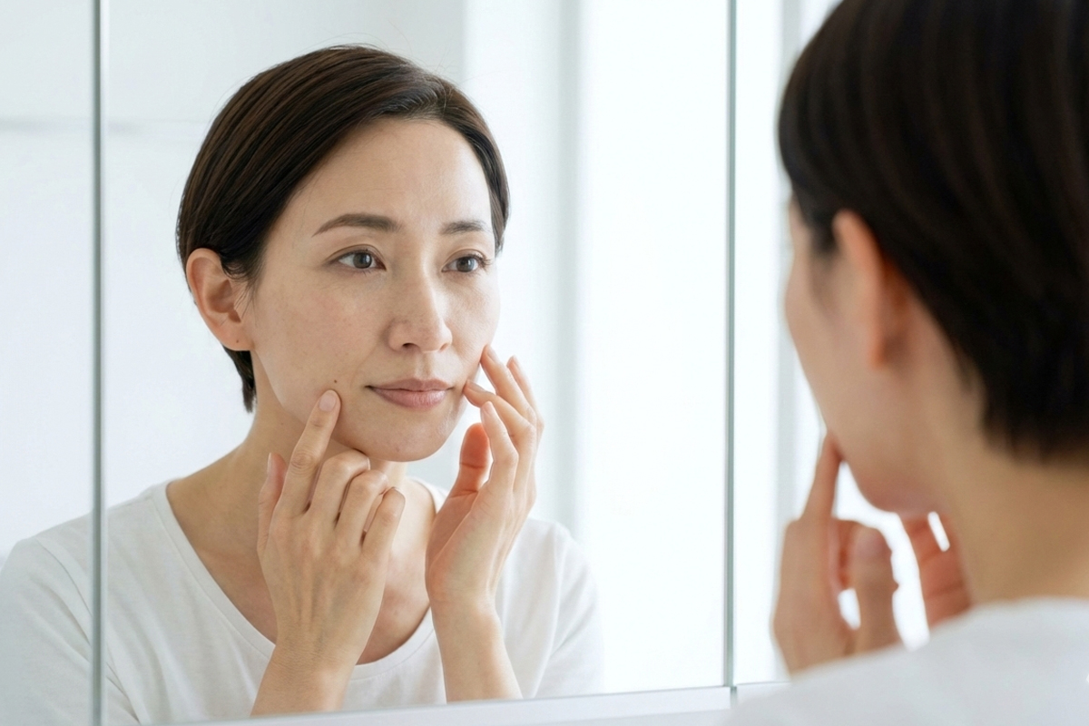 自宅の明るい洗面台で鏡を見ながら両手で頬に触れほうれい線の状態を確認する女性。少し不安げな表情をしている。