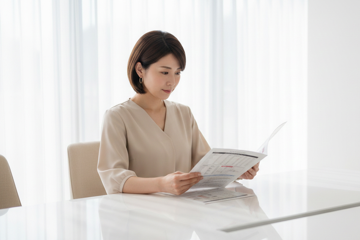 白を基調とした、大きな窓があるクリニックのカウンセリングルームで料金表のパンフレットを眺めている40代の女性。