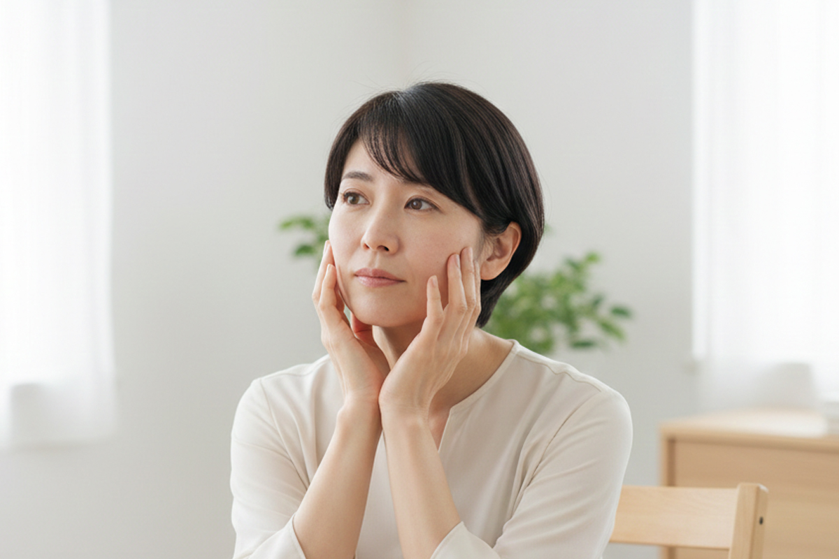 明るい自宅の椅子に座り、両頬に触れながら不安そうに考え事をしている40代の女性。