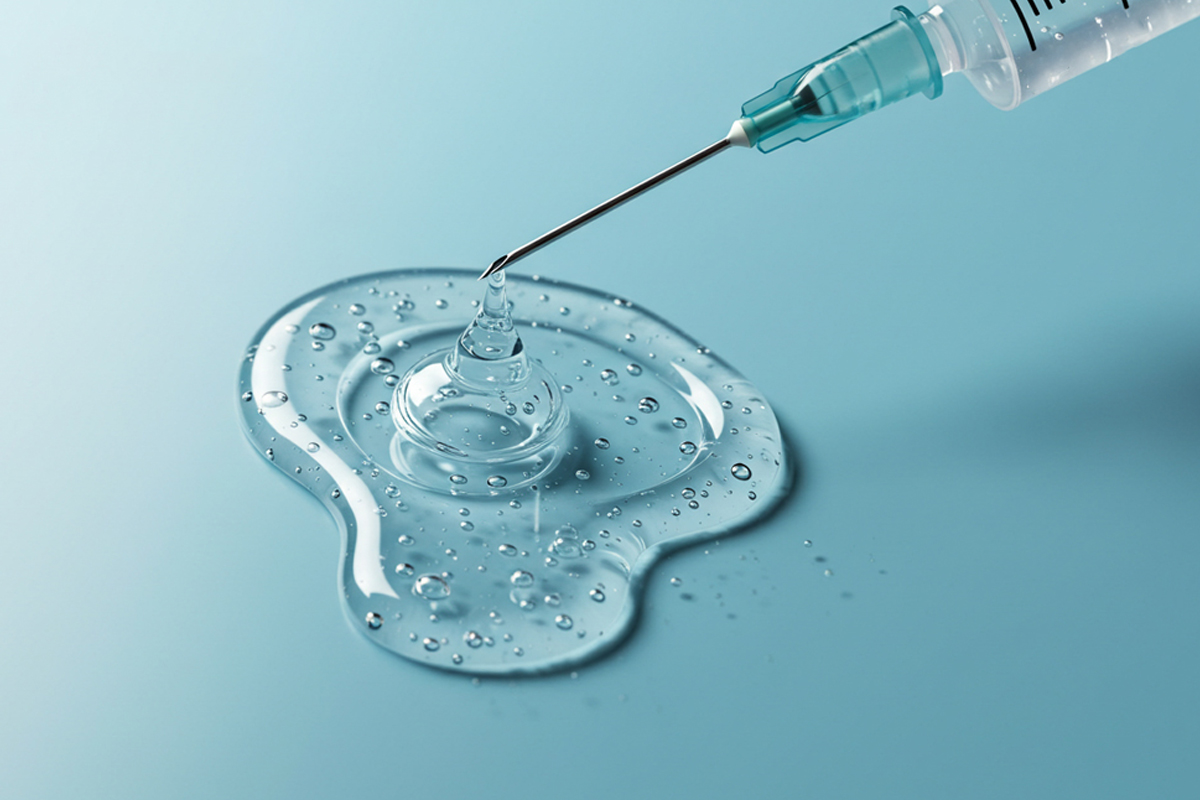 針先からジェル状の液体が垂れている写真。青い背景に気泡の入ったジェルが広がっている。