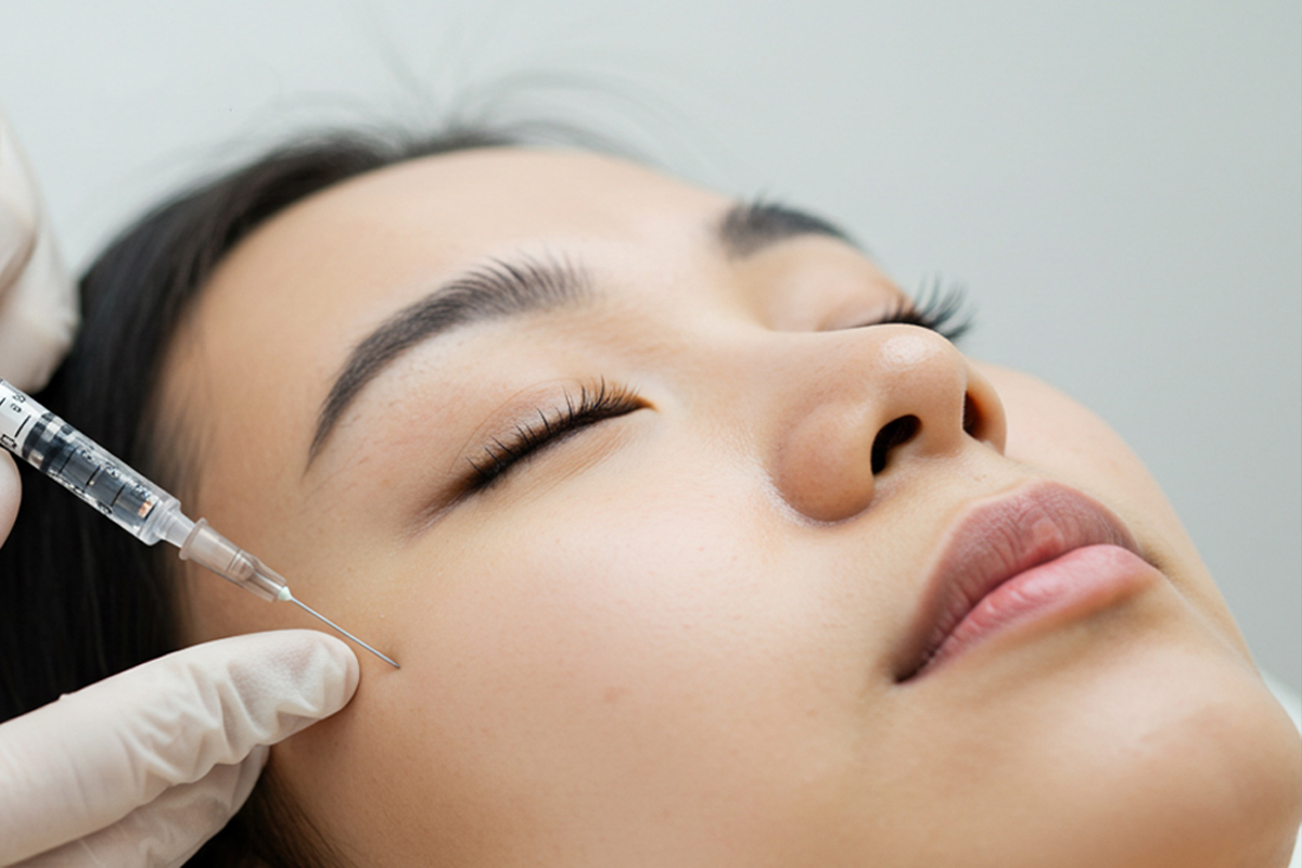 頬にヒアルロン酸注射を受けている女性の右横からの顔のアップ。施術者は手袋をはめて手元だけが写っている。