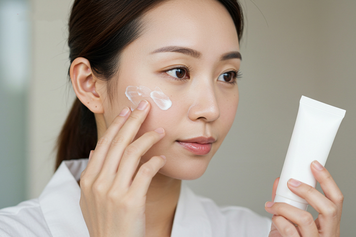 手に日焼け止めのチューブを持ち、反対の手で頬に優しく塗っている女性の顔のアップ。白いシャツを着てやわらかい表情で塗っている。