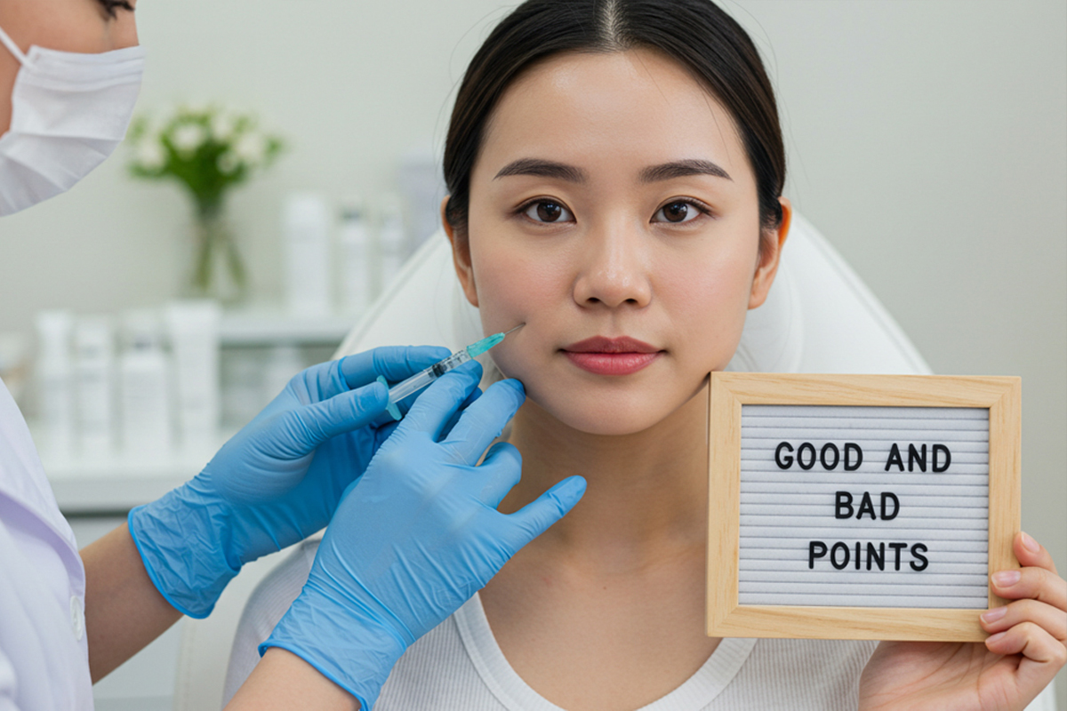 クリニックで頬にヒアルロン酸注射を受ける女性。『GOOD AND BAD POINTS（グッド アンド バッド ポイント）』のボードを持っている。