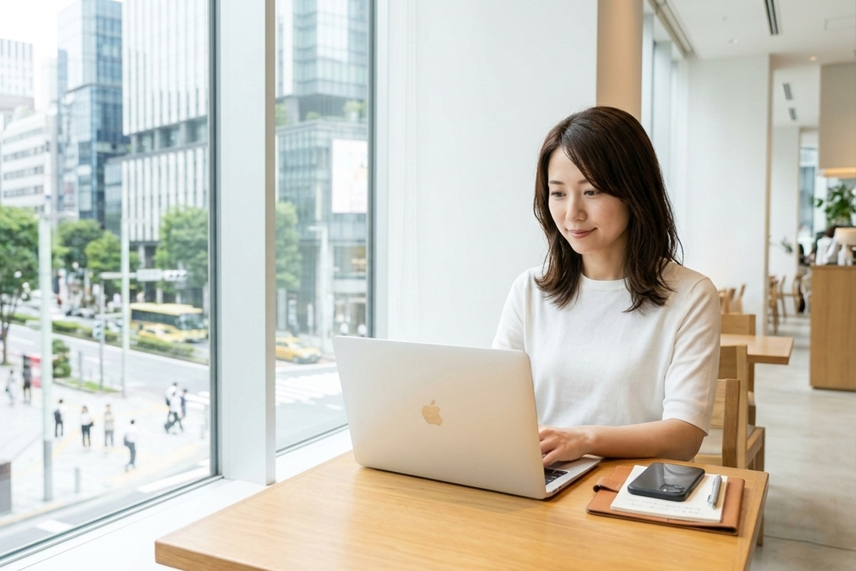 東京の都心を眺めながら美容クリニックの料金情報をノートパソコンで比較している女性