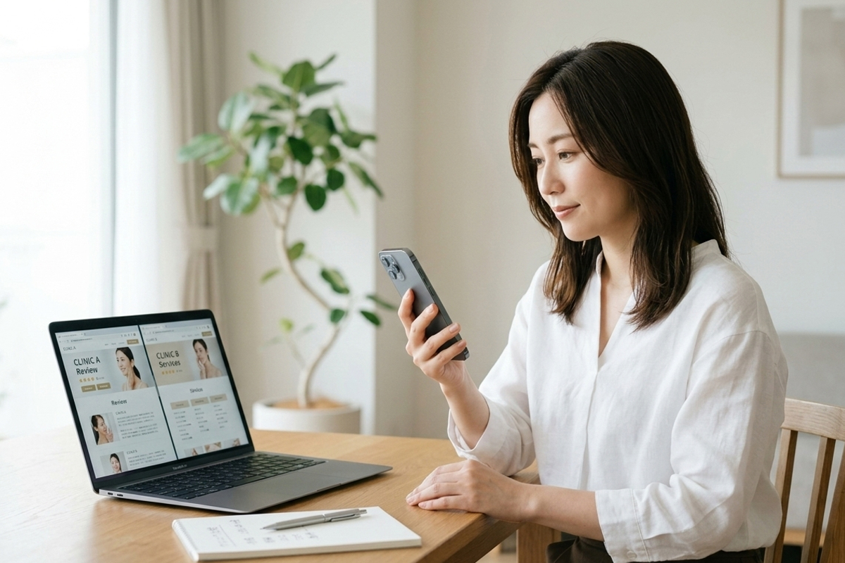 美容クリニックの情報をスマートフォンとパソコンで比較しながら通いやすさを検討している女性