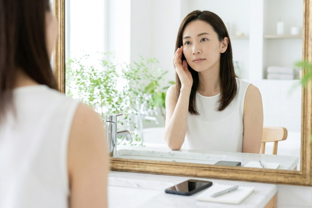 鏡の前で頬に手を添えながら施術前後の注意点を確認する女性