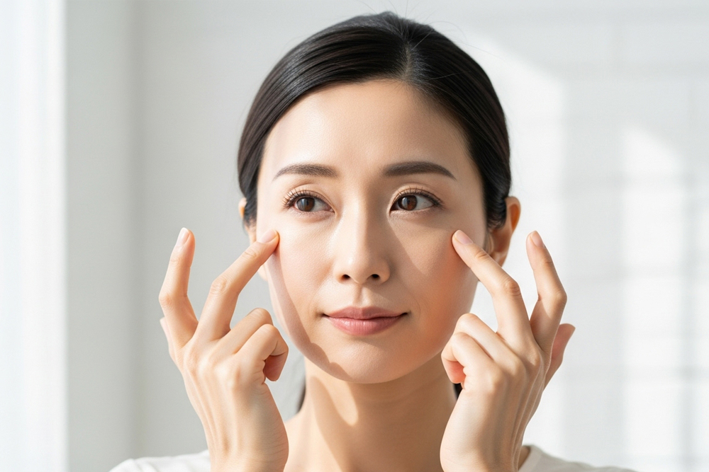 顔の部位である目元の肌を指先でそっと押さえ、たるみやシワを確認する女性のイメージ写真