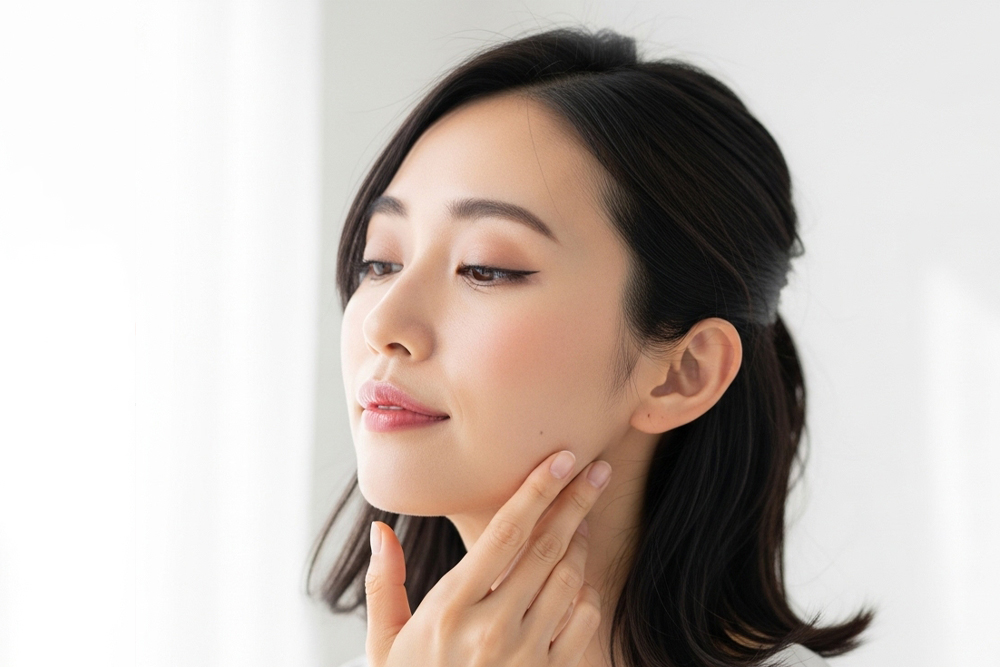 フェイスラインに触れながら横顔を確認する女性。エラボトックスやハイフの仕上がりイメージとして使われる美容シーン