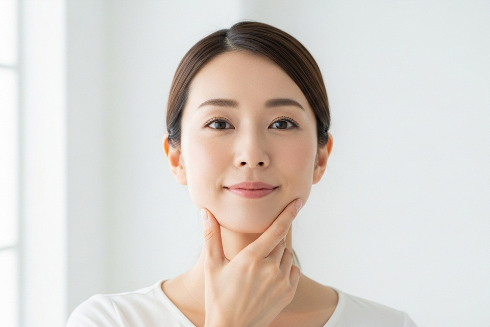 フェイスラインに手を添えて輪郭を確認する女性。エラボトックスやハイフの仕上がりイメージとして使われる写真