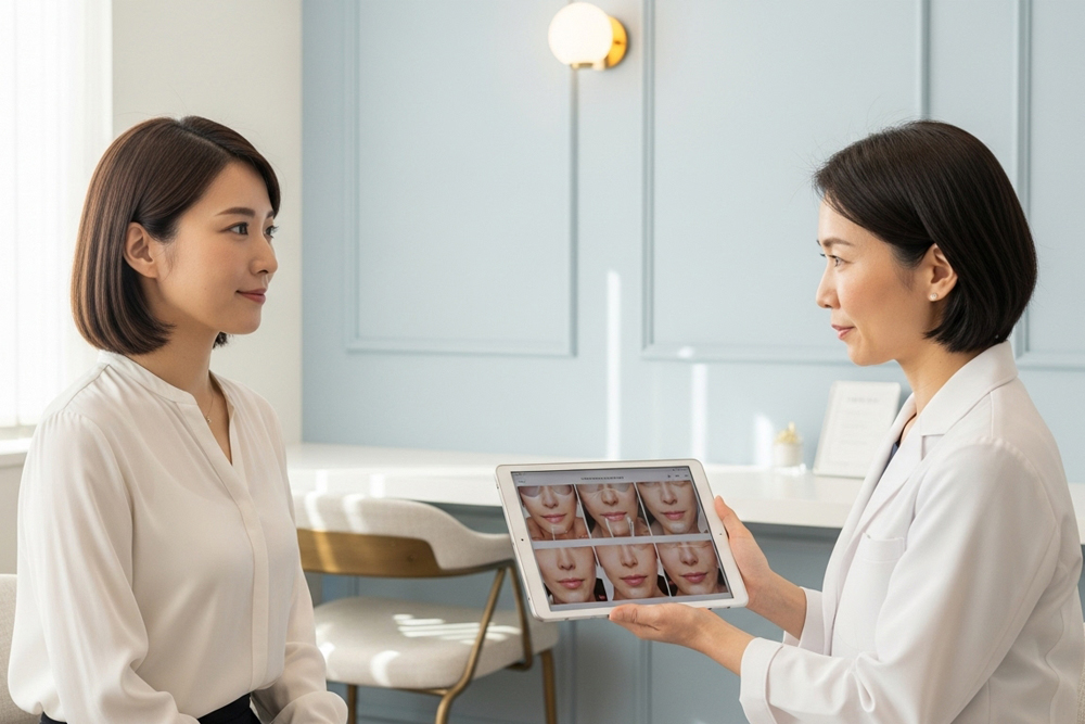 医師がタブレットで口元やフェイスラインの比較写真を見せながら説明するカウンセリング風景。エラボトックスやハイフの施術相談イメージ