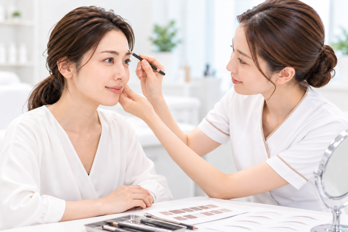 明るく清潔感のあるクリニックで、医療従事者が女性の頬に手を添えながら、正面から眉の形やバランスを確認し、ペンシルで眉デザインを調整している様子。