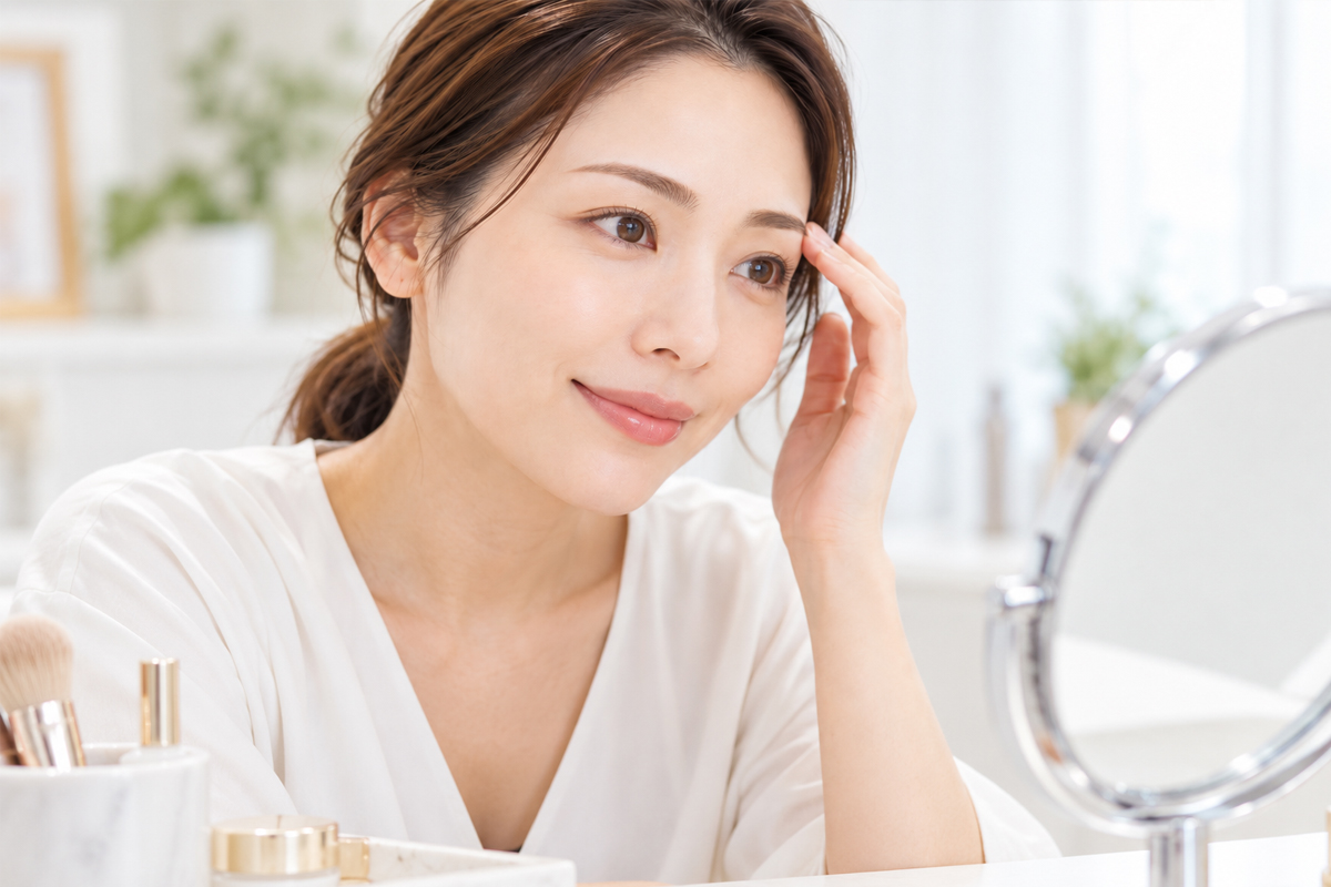 明るい室内で鏡を見ながら、女性が指先で眉の形や仕上がりを確認している様子。