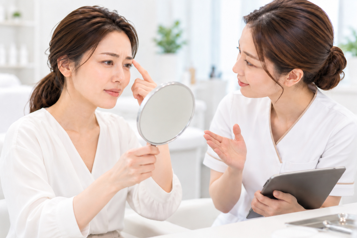 鏡を見ながら眉の状態を確認する女性と、タブレットを持った医療従事者が眉の医療アートメイクについて説明している様子。