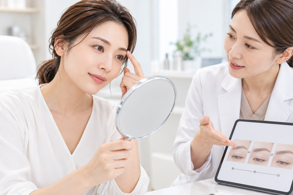 明るいクリニックで、女性が手鏡を見ながら眉の仕上がりを確認し、医療従事者がタブレットに表示した複数の眉デザインを見せながら説明している様子。