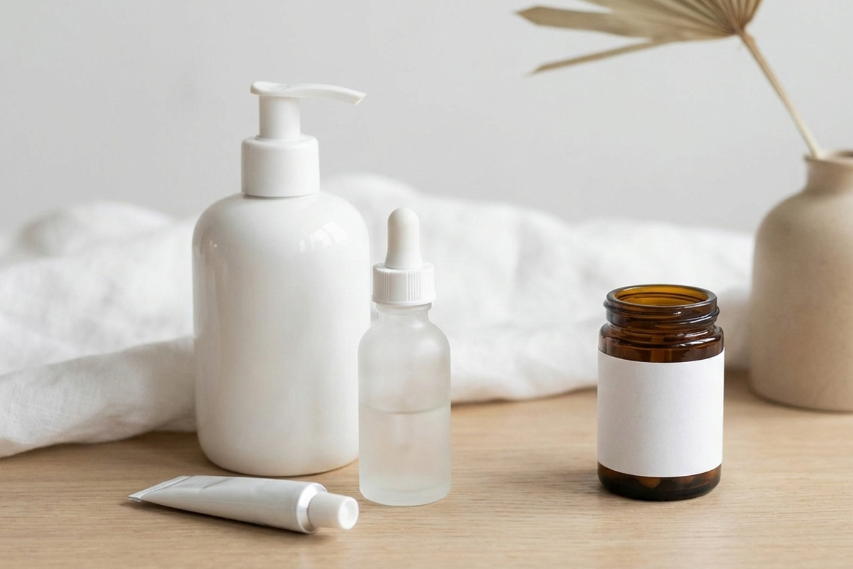 木目調のテーブルの上に3種類の基礎化粧品と薬剤の入った茶色の小瓶が並べられている。背景には白いタオルと造花が置かれている。
