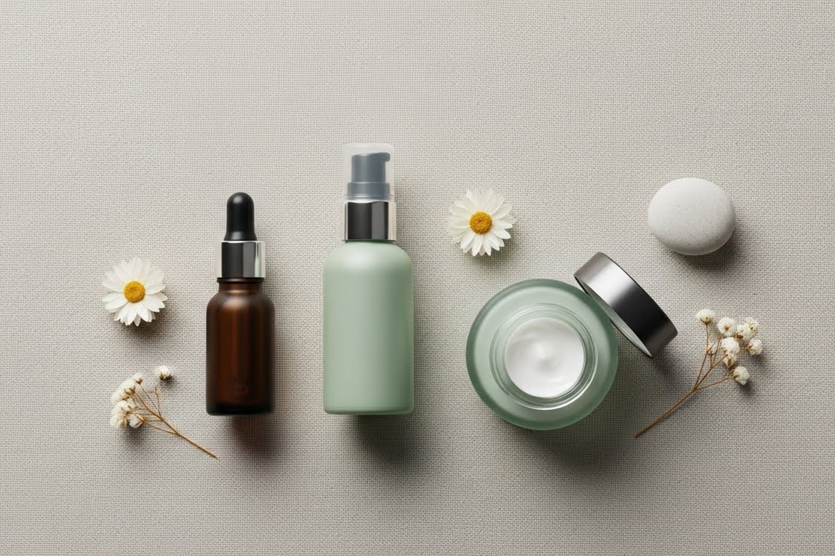 ベージュの布の上に、茶色のスポイト瓶、薄い緑色のポンプボトル、ふたを外したクリーム容器(中に白いクリーム)、銀色のふた、白い丸いスポンジが横一列に並び、周りに白い小花と乾いた小枝が添えられている画像です。