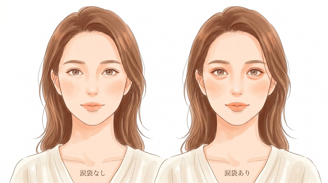 涙袋ありと涙袋なしで中顔面の長さの印象が変わることを表したイラスト。