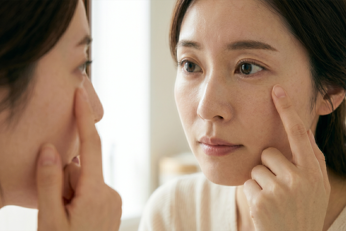 女性が、鏡の前で人差し指を目の下に添えながら、自分の目元を確認している様子。