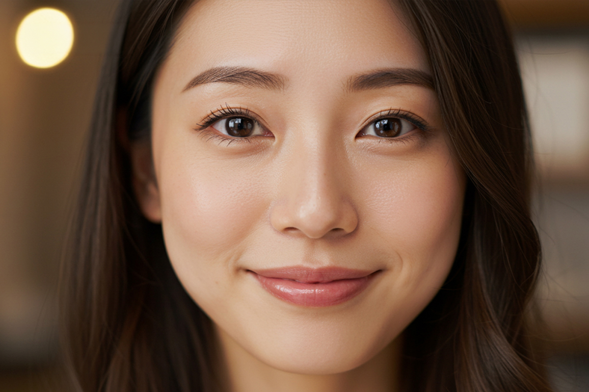 長い黒髪の女性が、やわらかくほほえみながら正面を向いています。背景には丸い光がぼんやりと見えます。
