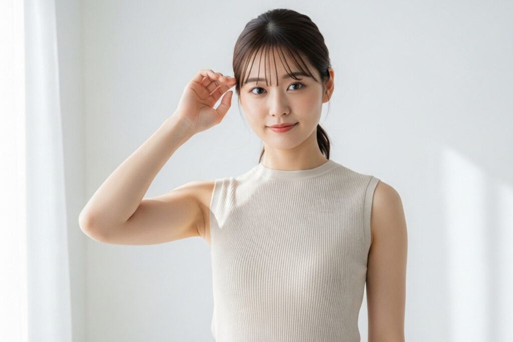 明るい室内で、ノースリーブのトップスを着た女性が軽く前髪に触れながら穏やかに微笑んでいる様子。肩や二の腕のラインがはっきりと見える、清潔感のあるイメージ写真。