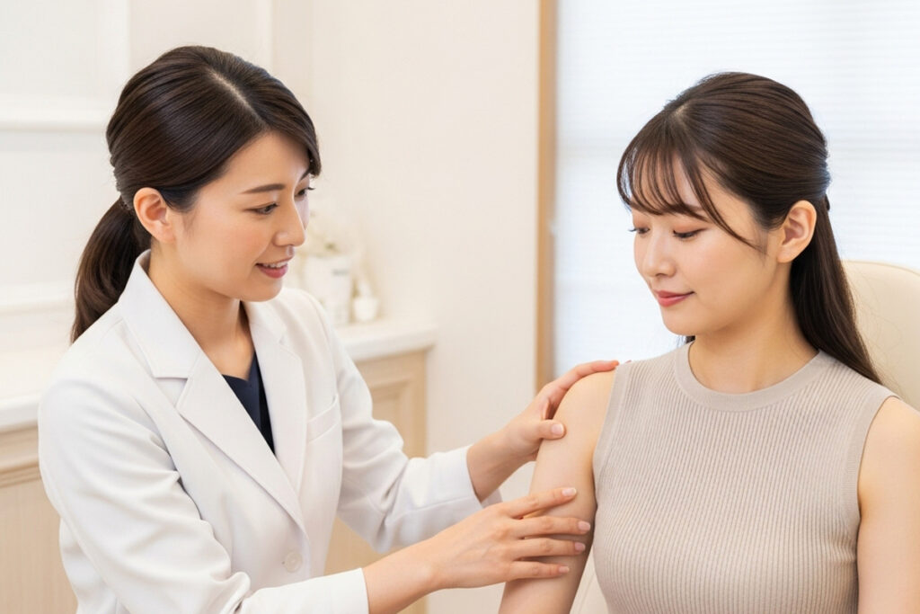 美容クリニックの診察室で、白衣の医師が椅子に座る女性の二の腕にそっと触れながら、状態を確認して説明している様子。女性は落ち着いた表情で医師の話に耳を傾けている。
