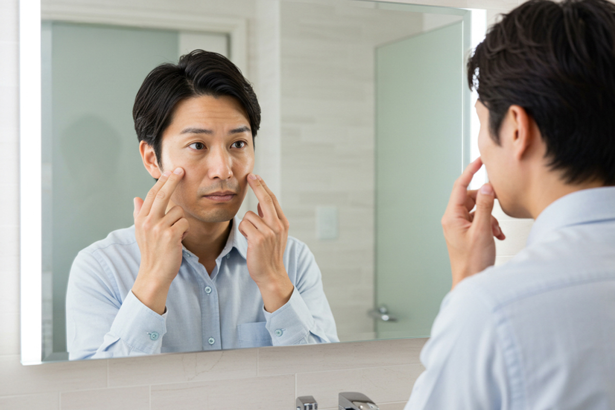 鏡の前に立ち、両手で目の下の頬の部分に触れながら、目袋を観察している男性。少し疲れて不安げな表情。