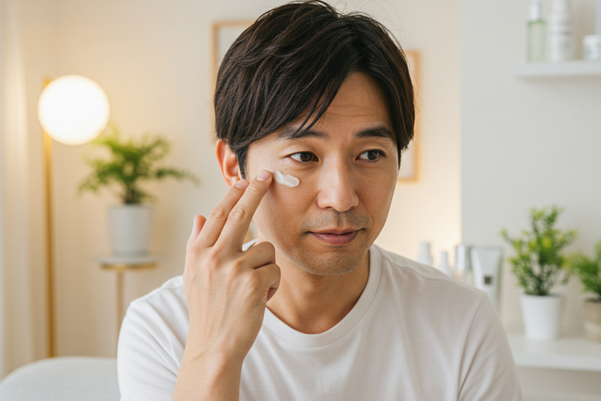 目の下にクリームを塗り保湿ケアをしている男性。明るい室内には観葉植物やスキンケア用品が複数並べられている。