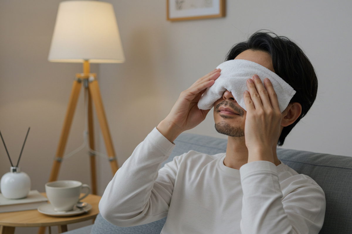 自宅のソファに腰かけ、目元にタオルをのせてリラックスしている男性。奥のテーブルにはフレグランスやマグカップが置かれている。