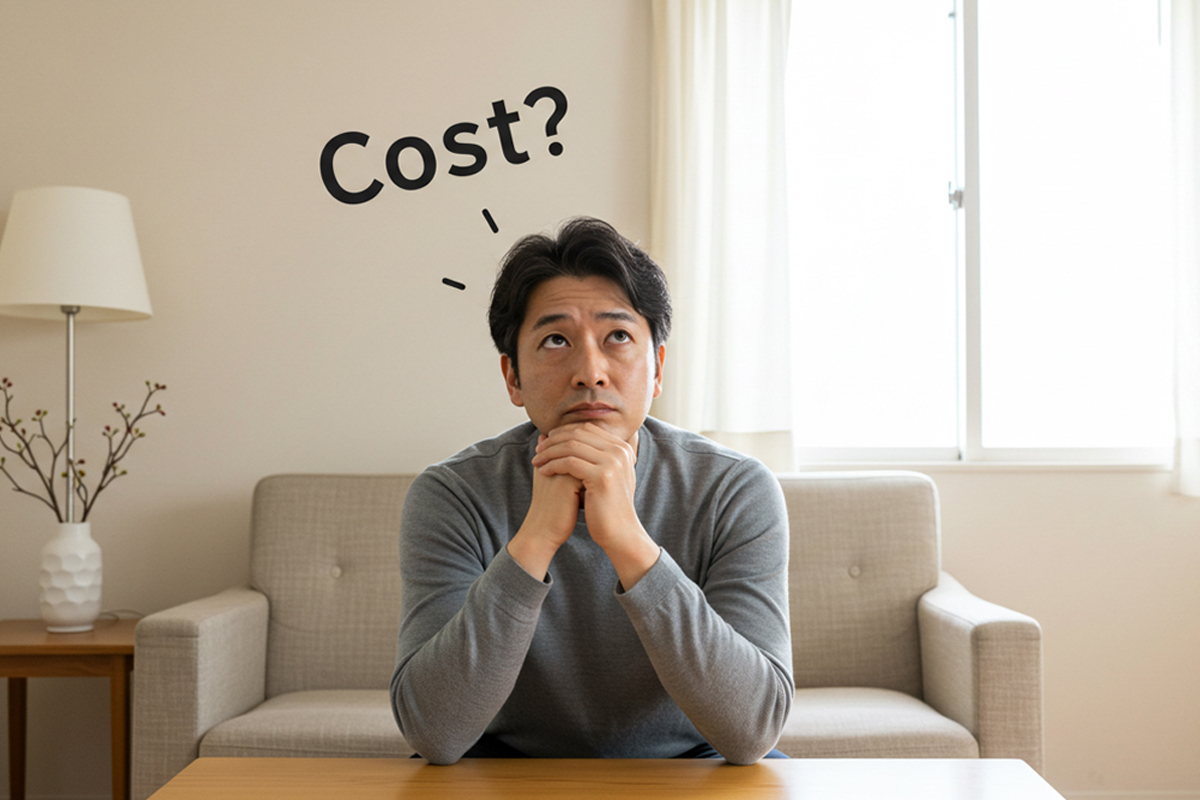 明るい自宅のテーブルに肘をついて考え事をしている男性。頭の上には「COST?」という文字が浮かんでおり、金額について考えている様子。