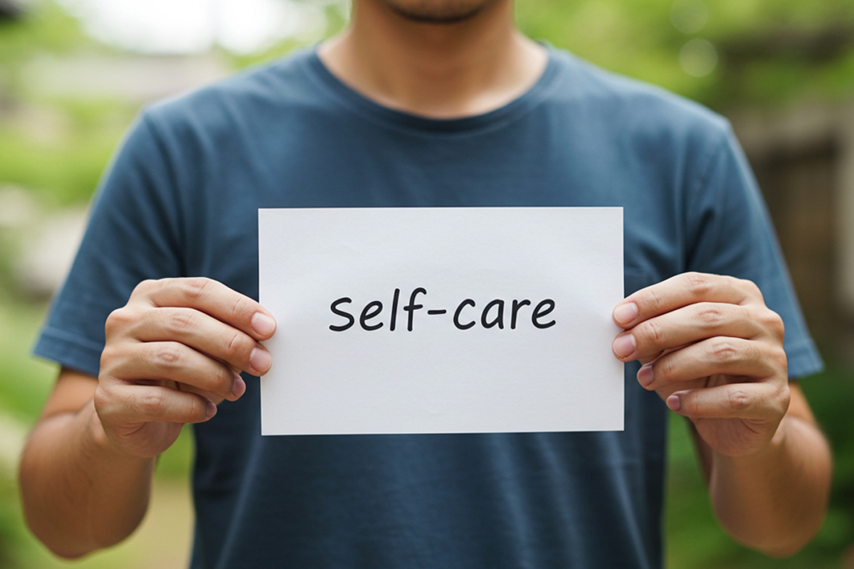 半袖のTシャツを着た男性。胸の前で「SERF-CARE」と書かれた紙を持っている。セルフケアを解説する章の中見出し画像。
