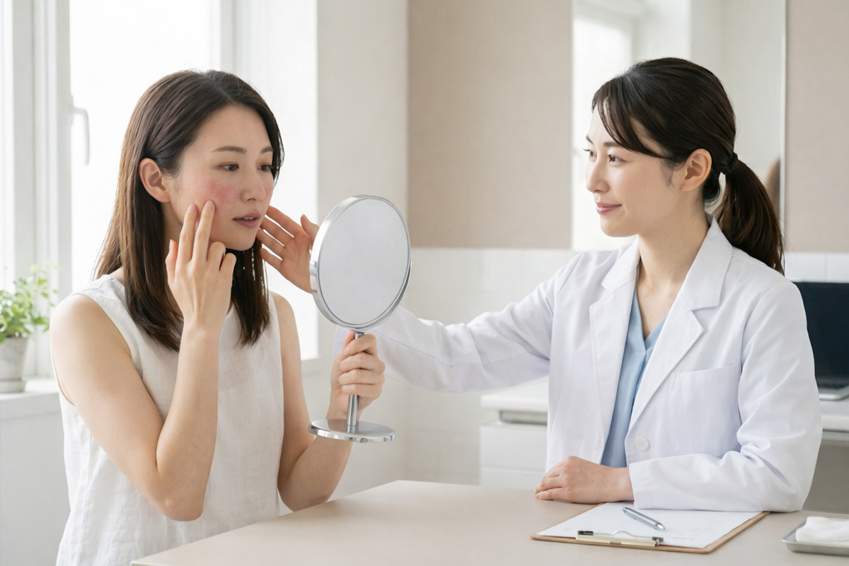 女性医師が頬の赤みを相談するお客様の肌状態を確認している様子